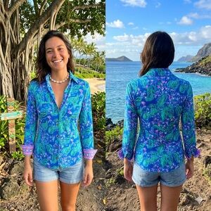 Lilly Pulitzer ChillyLilly Marlena Button-Down UPF 50+ Eclipse Blue Size XS